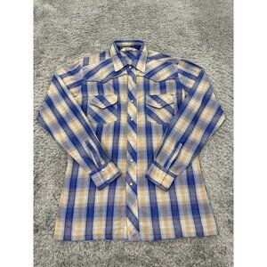 Vtg Chess King Shirt Mens Large Blue Beige Madras Plaid Western Pearl Snap 70s